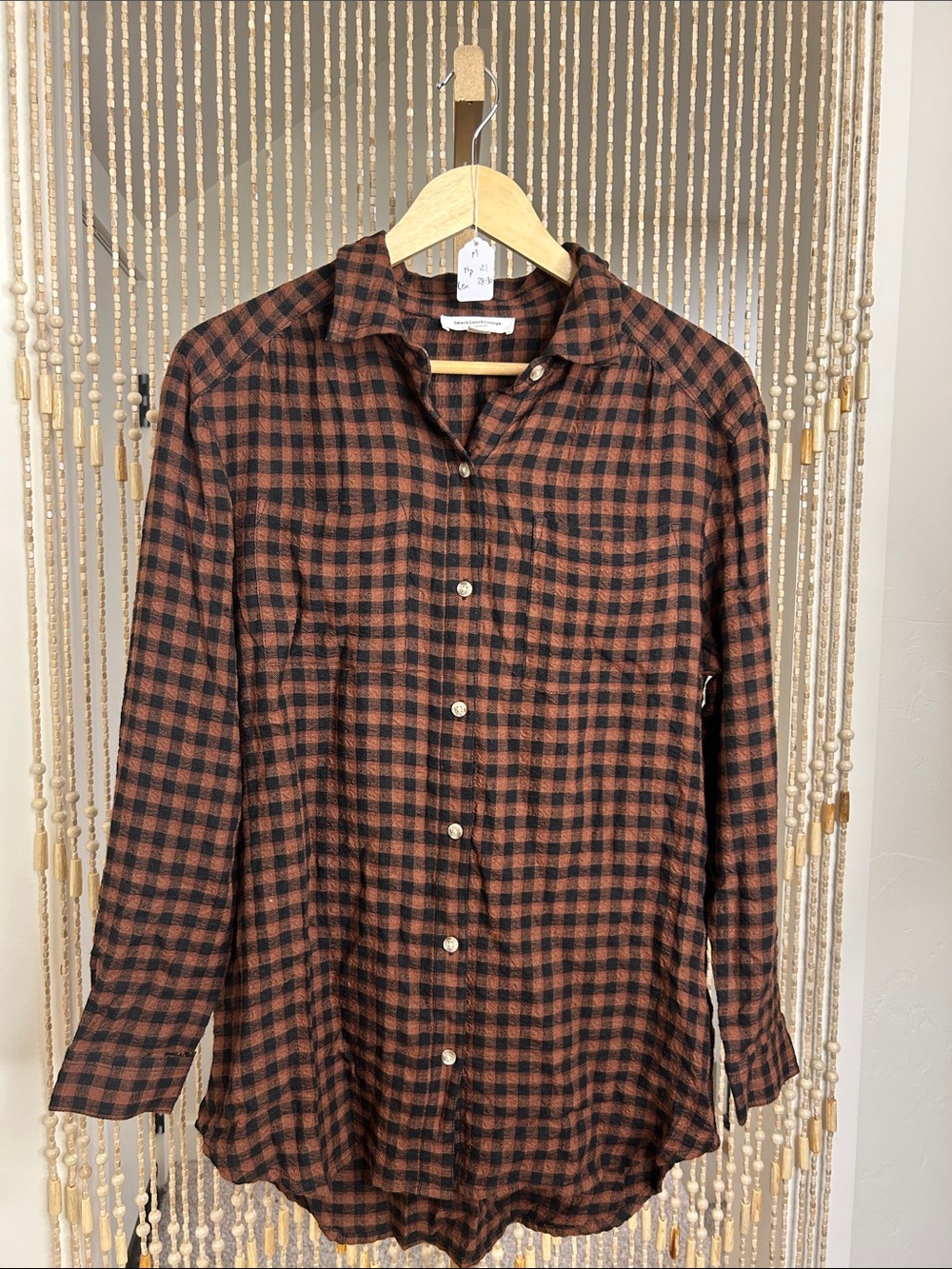 beachlunchlounge Brown and Black Plaid Long sleeve Button-Down Top Size M